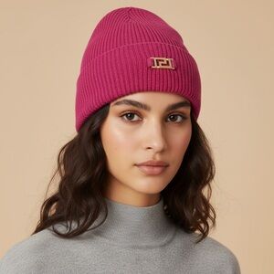 Versace- Pink Greca Plaque Rib-Knit Beanie